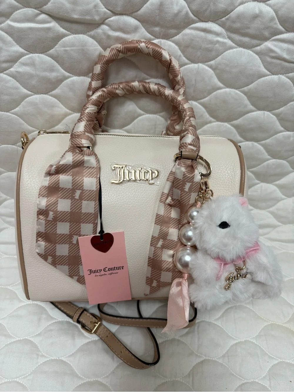 Juicy Couture Cream Satchel with Pink-Tan Scarf and Charm